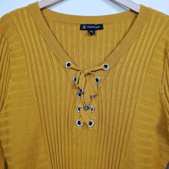 INC International Concepts Lace Up Ribbed Knit Top Yellow Petite XL Long Sleeve - Picture 2 of 9